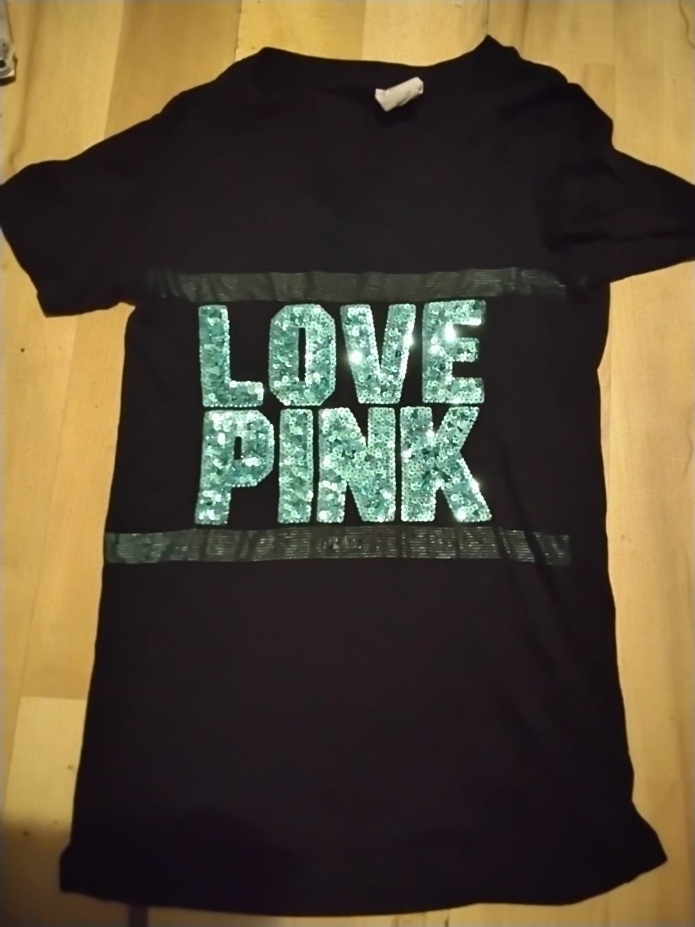 PINK Victoria's Secret Tee with Teal Sequin 'LOVE PINK' Logo